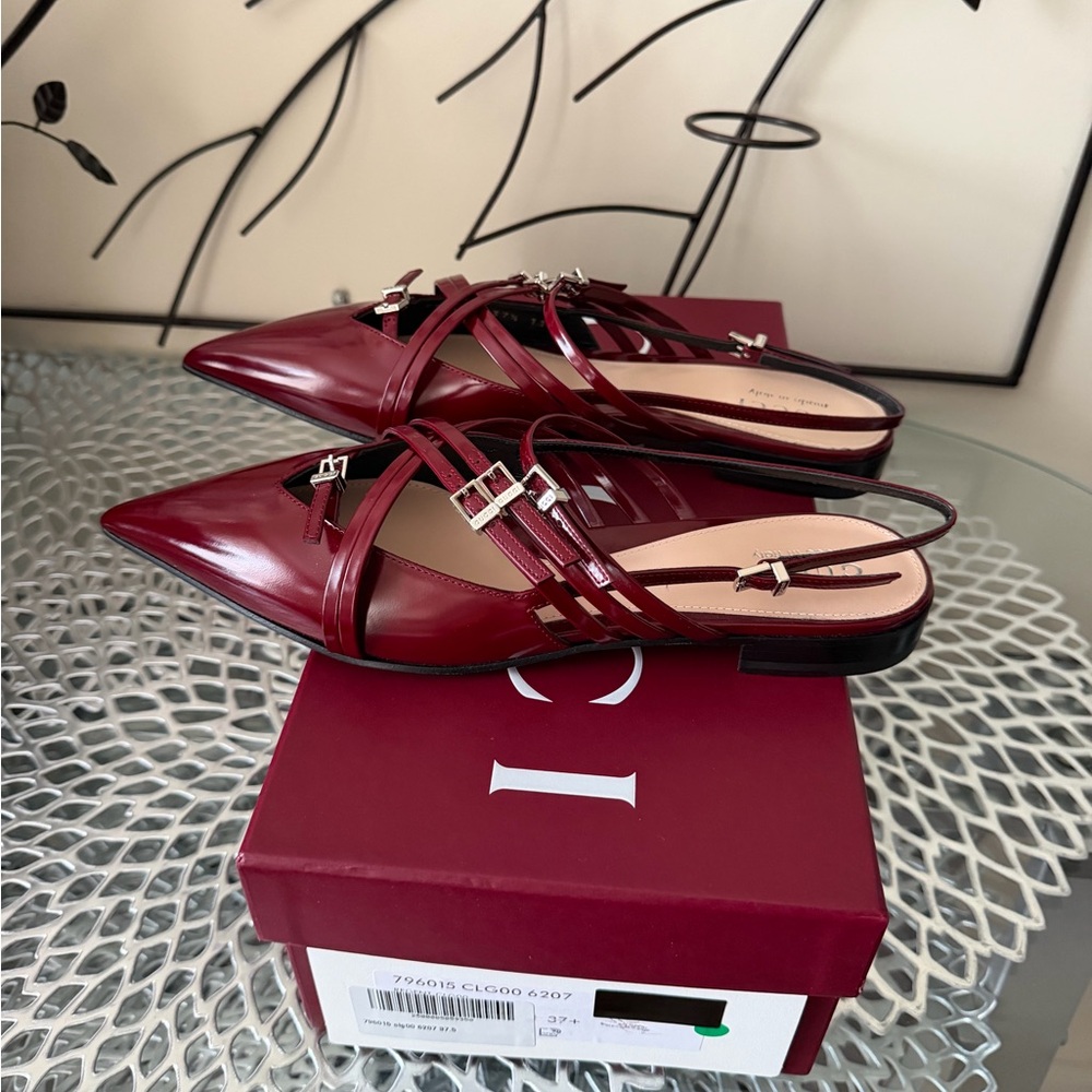 Gucci Seraphine Burgundy Leather Strappy Flat Slingback Shoe sz 37.5 New in Box - Picture 12 of 15